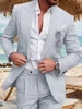 Classic Men's Linen Set 2-Piece  Jacket and Pants Slim Fit Suit Summer Beach Wedding One Button Tuxedo Linen Suit 2