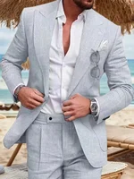 Classic Men's Linen Set 2-Piece  Jacket and Pants Slim Fit Suit Summer Beach Wedding One Button Tuxedo Linen Suit 2