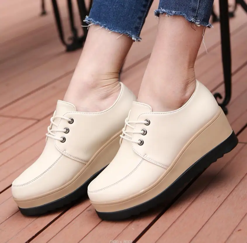 Spring Autumn Women Fashion Platform Gold Black Flats PU Leather Lace up Classic Bullock Footwear Wedges Female Oxford Shoes