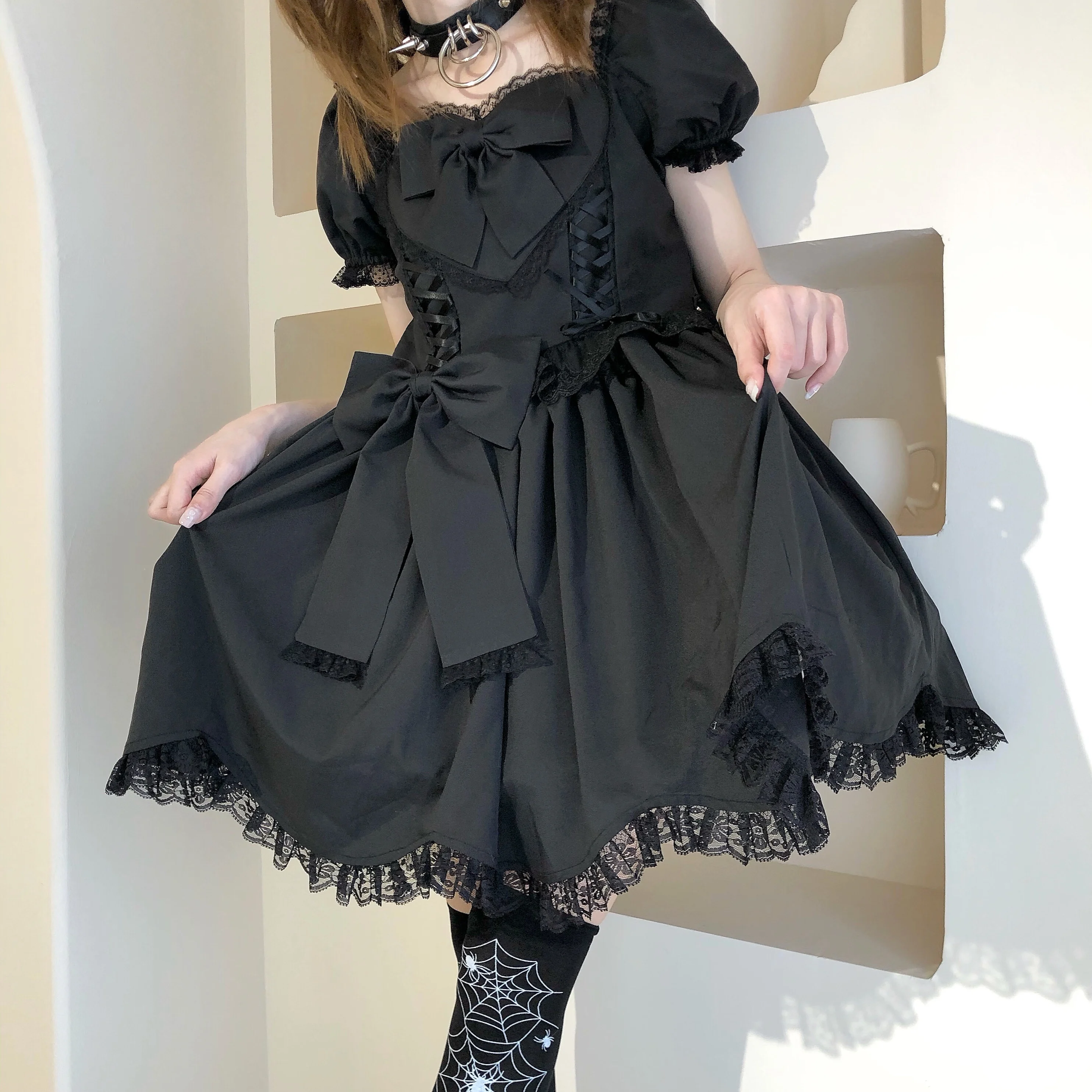 Cute Women Lolita OP Dress Flouncing Lace Trim Japanese Harajuku Long Sleeves Doll Teen Dress Fairy Vestidos Girly Camisole Dres