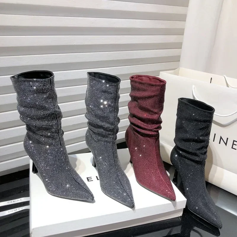 thumbnail image 4 of Botas de mujer elásticas con diseño plisado y diamantes de imitación de lujo, botines sexys de punta puntiaguda para mujer, tacones altos cálidos para banquetes de invierno, 4 of 4