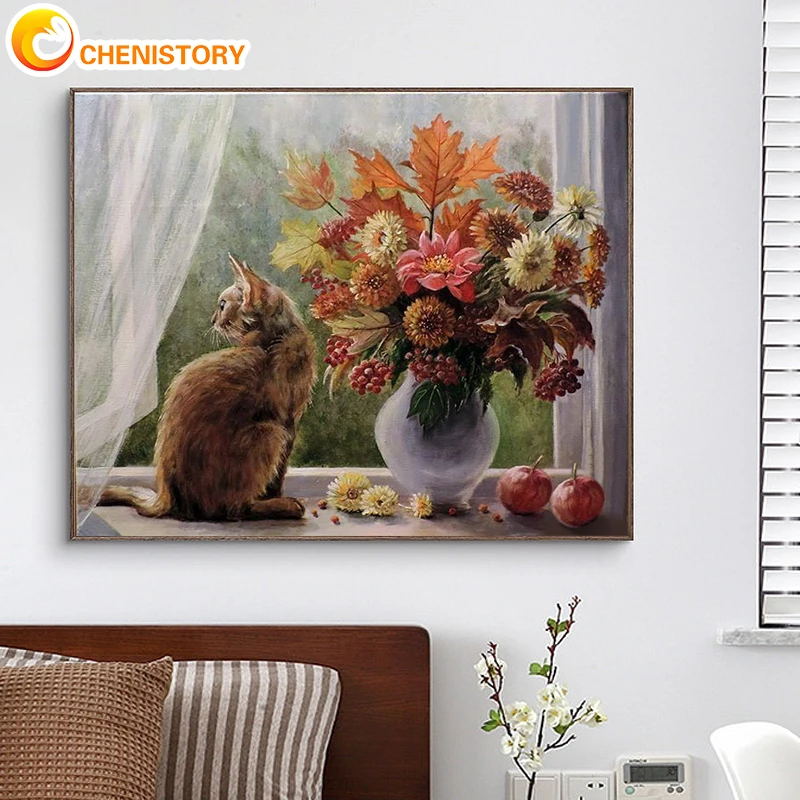 

CHENISTORY Oil Painting By Numbers Cat Flower Vase Full Kits Pictures By Numbers Animal Number Painting Wall Art