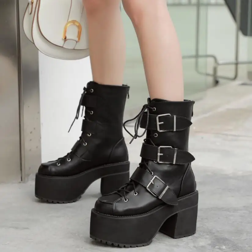

New Mid Calf Boots Women Autumn Winter Fashion Lace-up Zipper Botas Mujer Boots Sports Platform Heel Motorcycles platform Boots