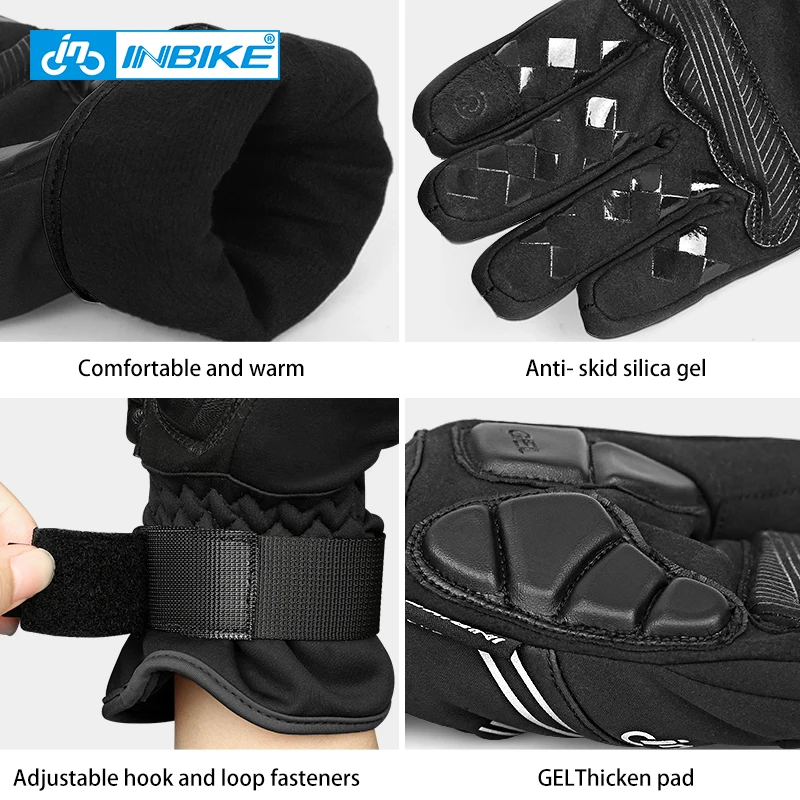 INBIKE Winter Cycling Gloves Full Finger Thermal Men's Bicycle Gloves Warm Cotton Waterproof Bike Gloves for Motorcycle Cycling 5