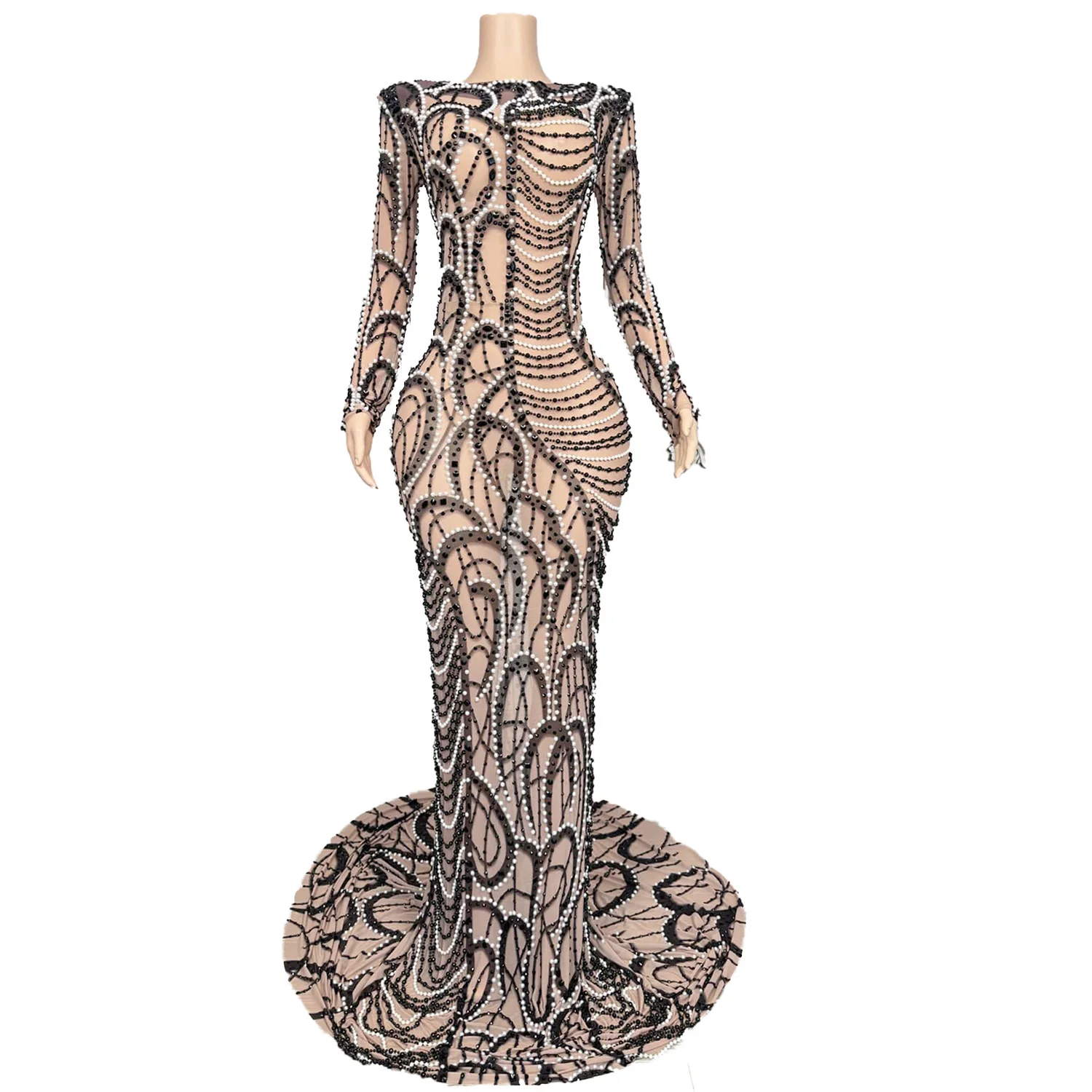 Design Sense – robe de soirée pour femmes, noir et blanc, Double couleur, perles, Sexy, maille, Perspective, célébrité, tapis rouge, yueshi