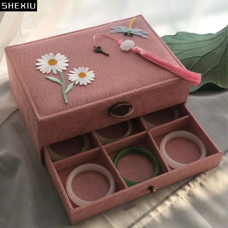 

Коробка для макияжа с цветочной вышивкой, коробка для хранения с отдельной сеткой и замком, туалетный столик, органайзер для браслетов, ювелирных изделий, подвесная стойка для серег