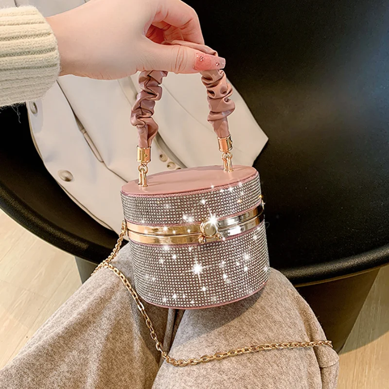 Round Box Handbags for Women Trend 2023 Fashion Evening Bag Leather Luxury High Quality Sparkle Diamond Party Shoulder Bag Woman