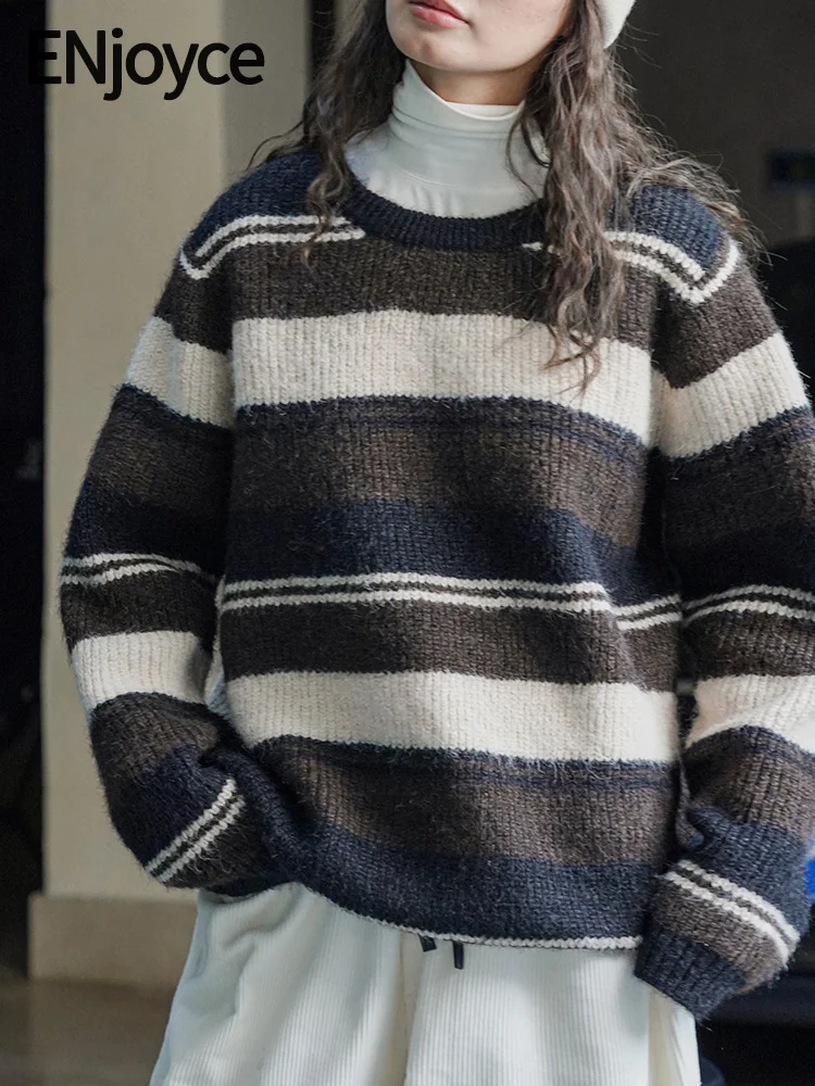 

Женский винтажный свитер в полоску ENjoyce, теплый кашемировый вязаный пуловер свободного покроя, вязаный свитер в Корейском стиле, зима 2023