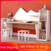 Kid's Study Desk with Bookshelf + 2 Stools for Ages 3-8, Wooden Children Activity Table with Hutch and Shelves-Light Walnut 1
