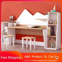 Kid's Study Desk with Bookshelf + 2 Stools for Ages 3-8, Wooden Children Activity Table with Hutch and Shelves-Light Walnut 1