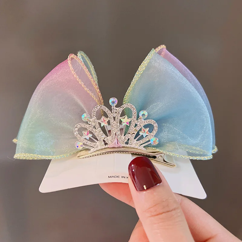 Hair Accessories Pastel Rainbow Hair Bows Gradient Color Princess Crown Hair Clips Standing Bowknot Hairpin Kids Barrette Korean