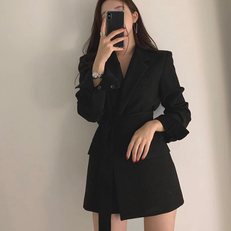 2021 Women British Style Elegant Black Beige Blazer Coat Long Outwear Jacket  Sashes Fall Ol Korean New Fashion Solid Blazers - Blazers - Aliexpress