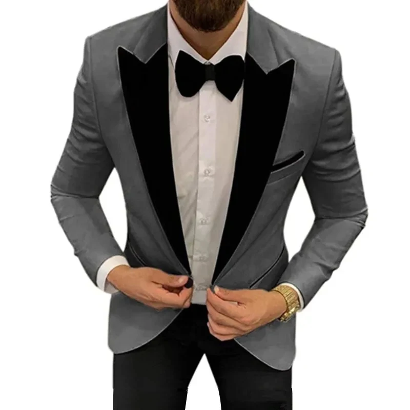 Fashion Men's Casual Business Single Button Suit 2 Pcs Set Male Slim Fit Suits Color Matching Collar Blazers Jacket Coat Pants