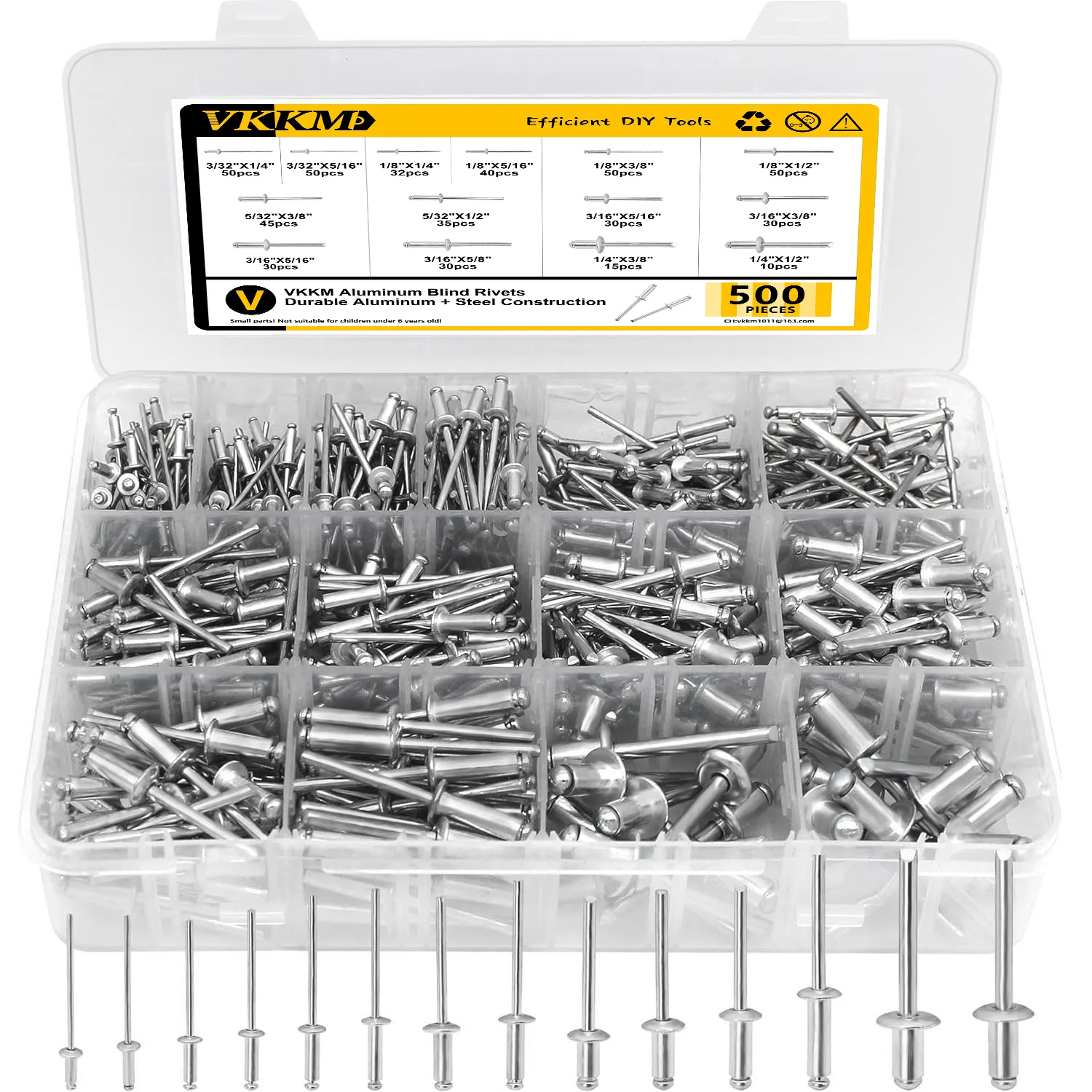 500-teilige Aluminium-Zugnieten, Rundkopf- und Senkkopftypen, Blindnieten für Türen und Fenster, offenes Nietenset