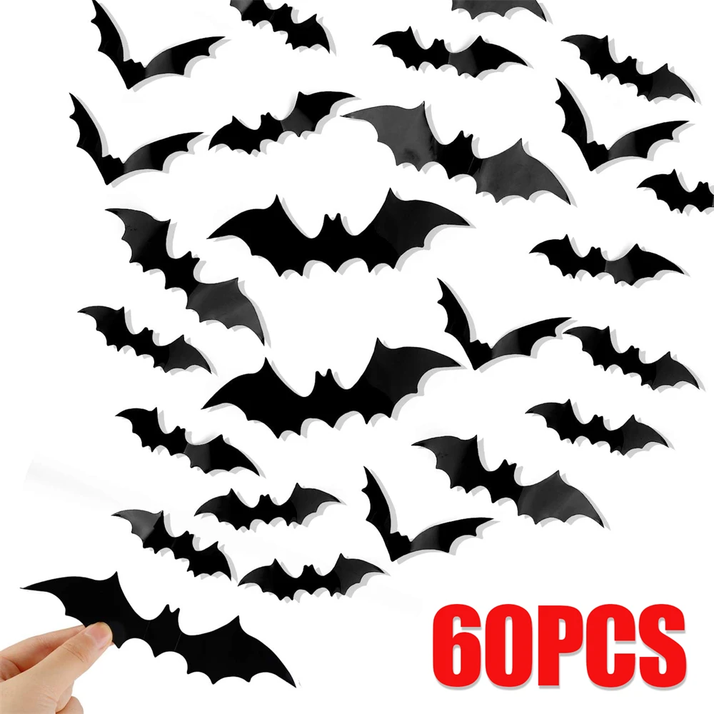 60pcs Halloween Decoration 3D Black PVC Bat Halloween Party DIY Decor Wall Sticker Bar Room Party Scary Decos Props