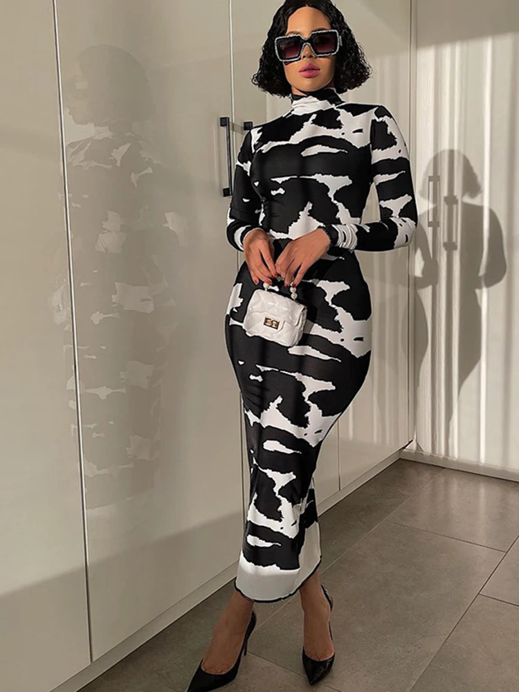 

Women Fashion Autumn Long Sleeve Printed Bodycon Pencil Long Dress Streetwear 2024 Fall Clothes Wholesale Items