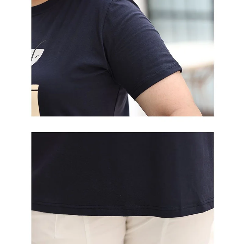 Summer Clothes for Women Fashion Crew Neck Geometric Printing Short Sleeve Pullover T-Shirt Casual Loose Navy Blue Plus Size Top