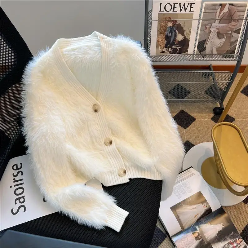 

Женский Повседневный вязаный кардиган, свободный утепленный свитер из искусственной норки с V-образным вырезом, Осень-зима 2023