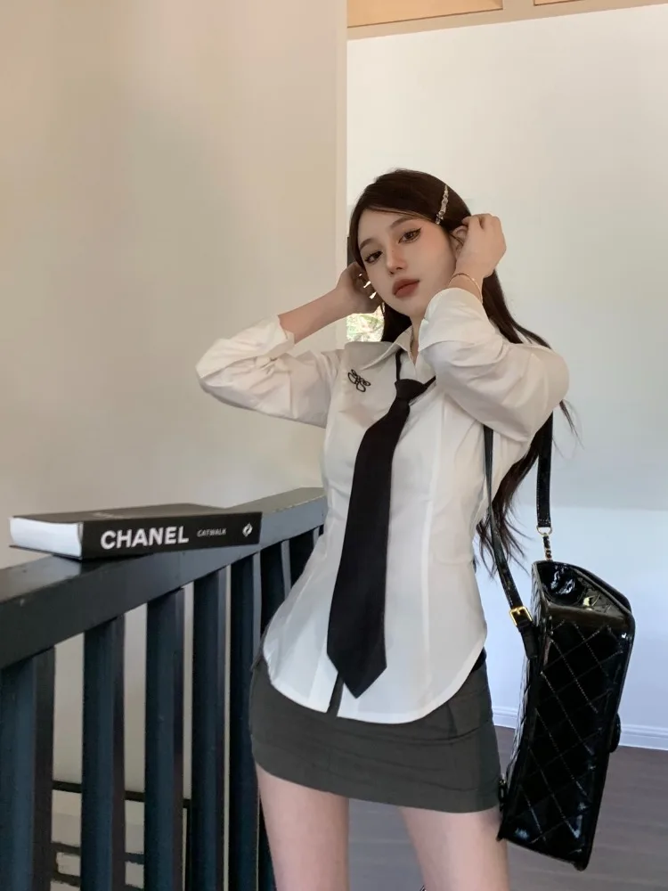 Deeptown Preppy Style Women Blouses White Y2k Long Sleeve Embroidery Shirts with Tie Korean Fashion Slim Lolita Harajuku JK Tops