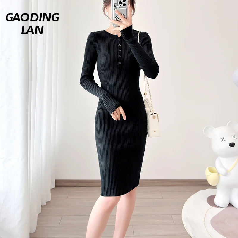 

GAODINGLAN Button Half Open Collar Elegant Long Sleeve Women Dresses Close Fit Solid Hip Wrap Dress Female Knitted Bottom Dress