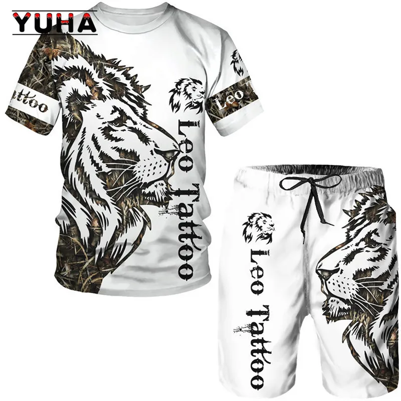 YUHA, The Lion 3D Printed O-neck T-shirt&Shorts Suit Casual Sportwear Tracksuit Set Summer Men's Animal Tattoo White Short Sleev