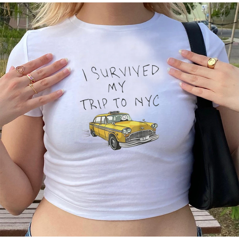 

Tom Holland Same Style Crop Top I Survived My Trip To NYC Print Tshirt Sexy Exposed Navel Tee Women Cropped Baby Tee Graphic Tee