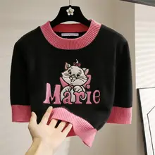 

Spring and Autumn Short Knitted Shirt Short Sleeve Contrast Sweater Cartoon Embroidered Cat Pattern Backing Shirt