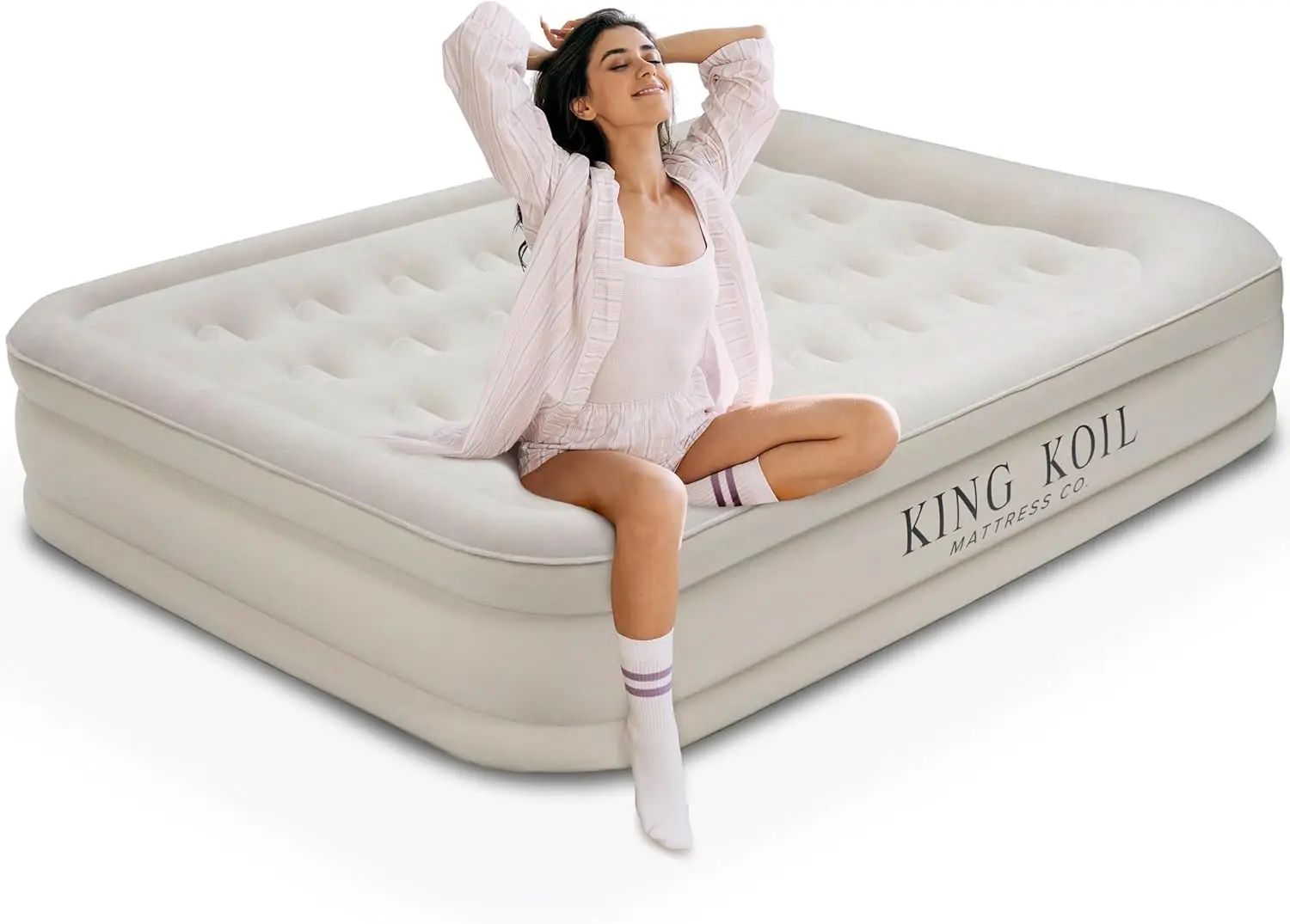 Koil Luxury Air Mattress 16in Full Size Beige with Built-in Pump for Home, Camping & Guests-Inflatable Airbed Luxury Double High