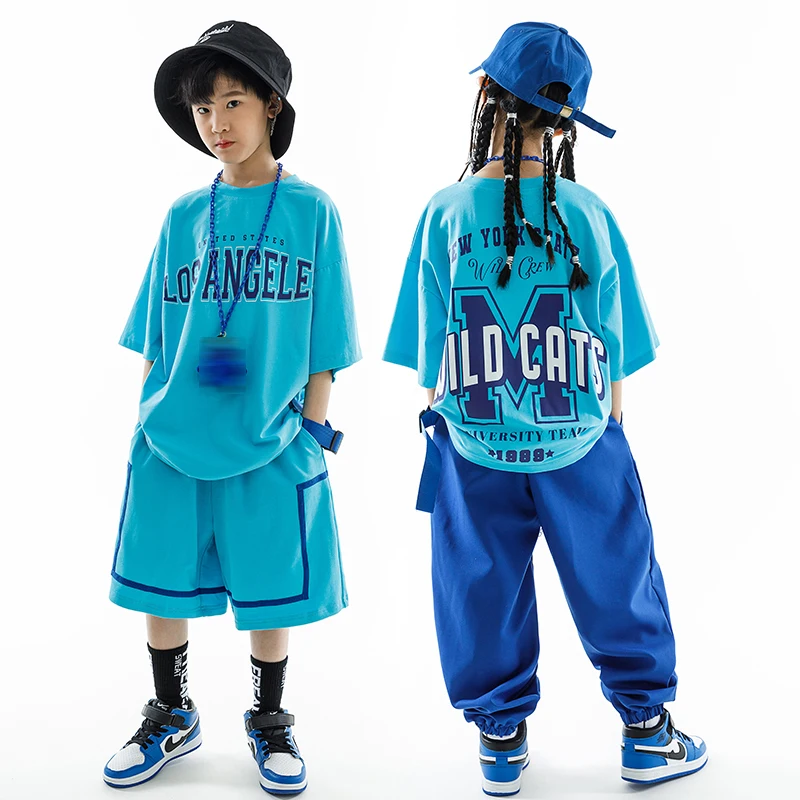 Children Costumes Street Dance Kids Hip Hop Clothing Girls Boys Blue Short Sleeves T Shirt Pants Casual Rave Clothes Loose Practice Wear BL10496