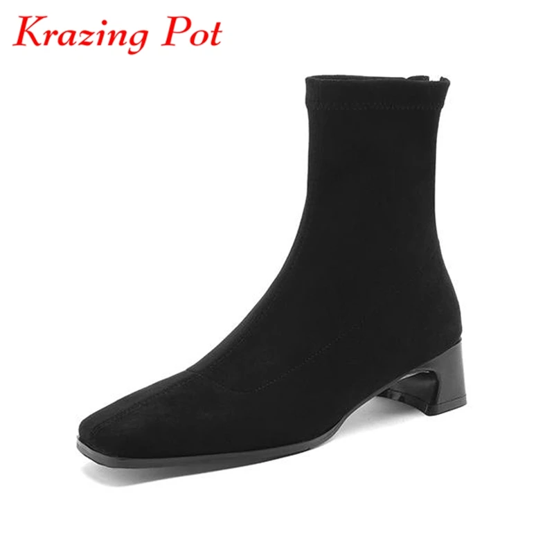 

Krazing Pot 2024 Flock Square Toe Thick Med Heels Stretch Boots Winter Shoes Causal Daily Wear Sexy Stovepipe Zipper Ankle Boots