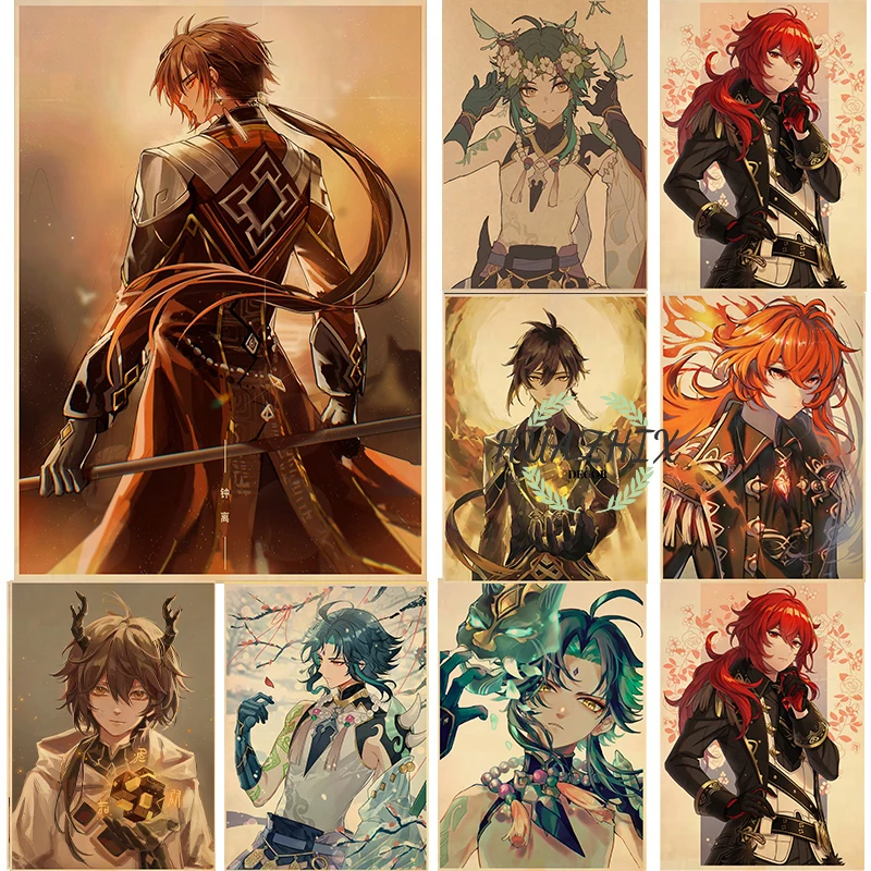 

Genshin Impact Anime Posters Retro Kraft Paper Sticker DIY Vintage Room Bar Cafe Decor Prints Art Cartoon Wall Interior Painting