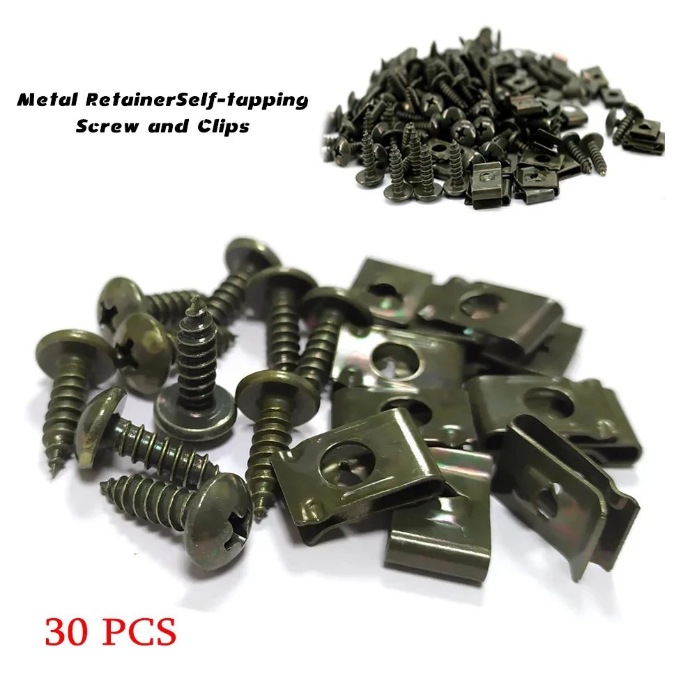 30pcs Car Motorcycle Scooter ATV Moped E-bike Plastic Cover Metal Retainer U-Type Clips Self-tapping Screws