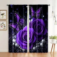 2pcs, Curtains Purple Rose Butterfly Flower Romantic Valentine's Day Blackout Polyester Versatile Applies to Holiday Decorations 1