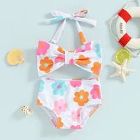 1-6Y Little Girls Bikini Sets Flower/Plaid Print Sleeveless Bow Bikini Tops with Shorts 2024 Summer Baby Swimsuit Kids Beachwear 4