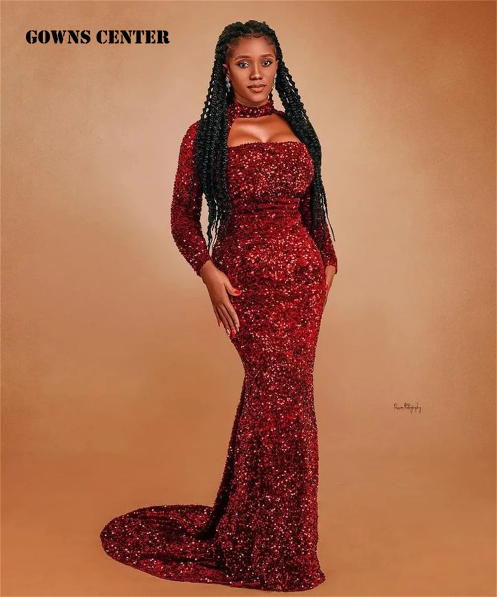 

Red Velvet Sequin Long Sleeve Mermaid Elegant Evening Dresses For Black Girls Luxury Formal Occasion Dress African Party Night