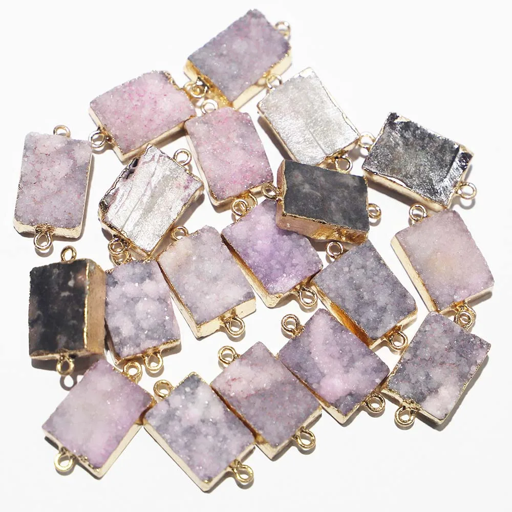 Natural Raw Stone Pink Crystal Cluster Pendants Electro Plated Pack With Gold Edge Connector Hand Charms Necklace Accessory 8Pcs