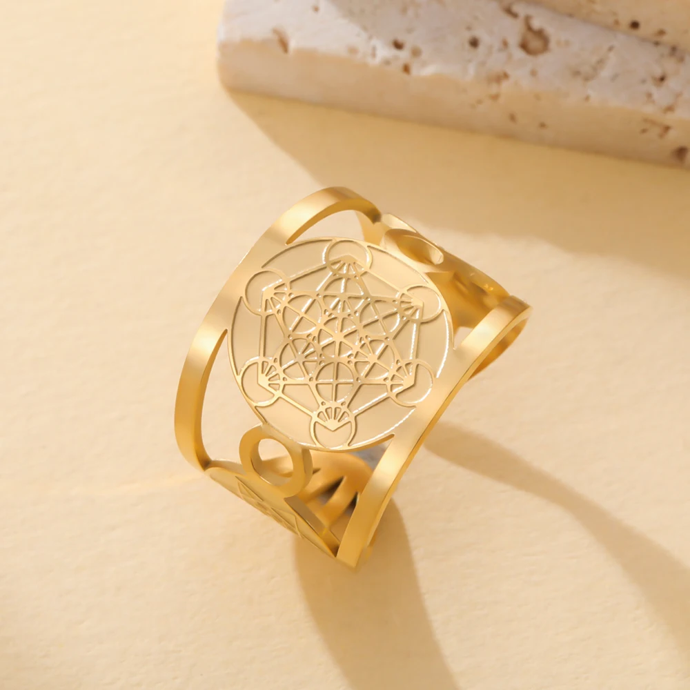 COOLTIME Solomon Blume des Lebens Chakra Ring Edelstahl Erzengel Heilige Geometrie Metatron Fingerring Schmuck Geschenk