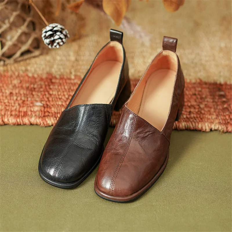 

2024 New Spring Genuine Leather Women Shoes Square Toe Women Pumps Chunky Heels Loafers Shoes for Women Concise Casual Shoes