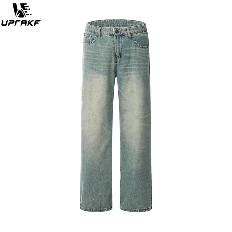 UPRAKF Pocket Jeans Straight-leg Distressed Denim Autumn Fashion Basic High Street Pants Casual High Waist Wide Leg