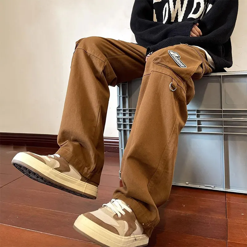 Elegant Fashion Harajuku Slim Fit Male Clothes Loose Sport All Match Casual Cargo Pants Pockets Straight Leg Wide Leg Pants