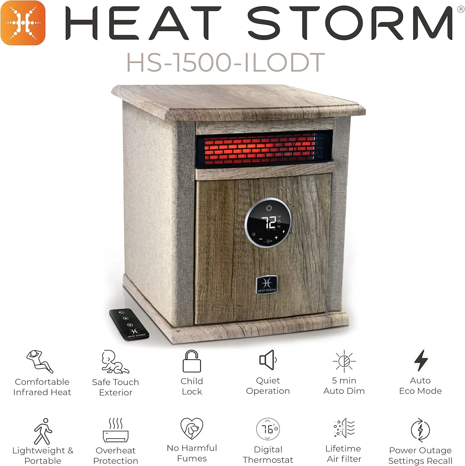 Portable Electric Space Heater, 1500-Watt Cabinet Infrared Quartz Element Heater With Digital Thermostat, Remote Control, washab