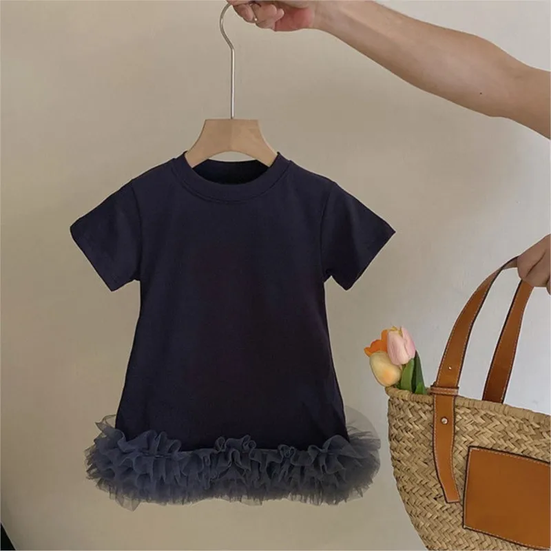 Baby Girl Tshirt Dress Mesh Bottom Summer Infant Toddler Girl Long Tshirt Vestido Short Sleeve Casual Baby Clothes 1-10Y girls dress kids clothes