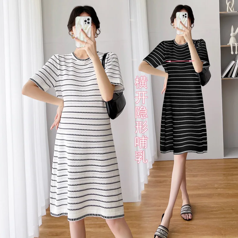 

Summer Loose Maternity Fashion Striped Pleated Short Sleeve Dress Invisible zipper For Nursing Pregnant Maternity Clothes Dress