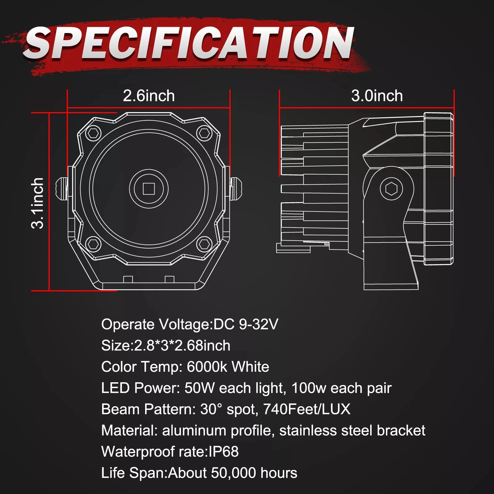 LED 큐브 2개 2.6인치 120W LED 포드 오프로드 주행등 스팟 작업등 방수 안개등 디치 범퍼 후진등
