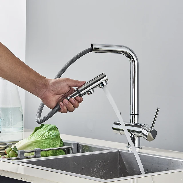 Chrome Brass Pull Out Filtered Kitchen Faucet Dual Handle Hot Cold Drinking Water 3-Way Filter Purification Mixer Taps 5