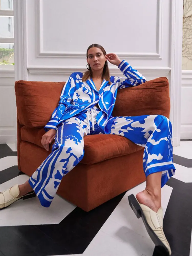 Loose Printing Two-piece Set Elegant Long Sleeve Single Breasted Shirt Wide Leg Pants Sets High Street Lady Suit - Image 3