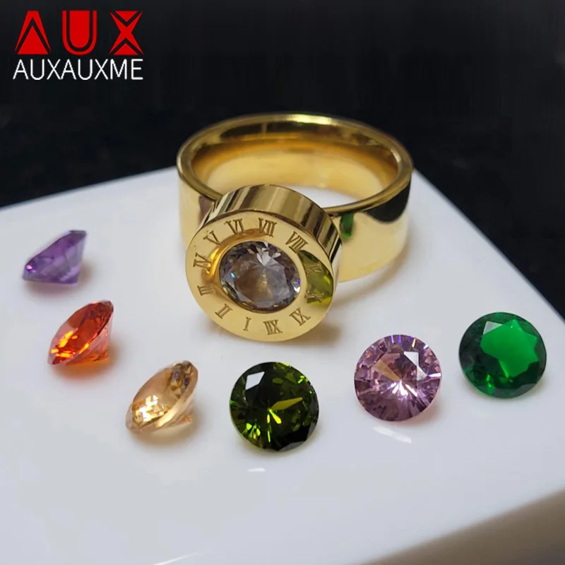 Auxauxme Fashion Interchangeable Roman Number Rings Stainless Steel 1 Ring Plus 7 Colorful Stones Women Jewelry Dropshipping