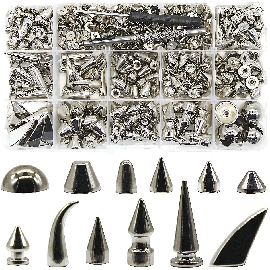 

12 Styles 270 Sets Screw Back Studs and Spikes Kit with Tools Silver Leather Craft Rivets Bullet Cone DIY Accessories