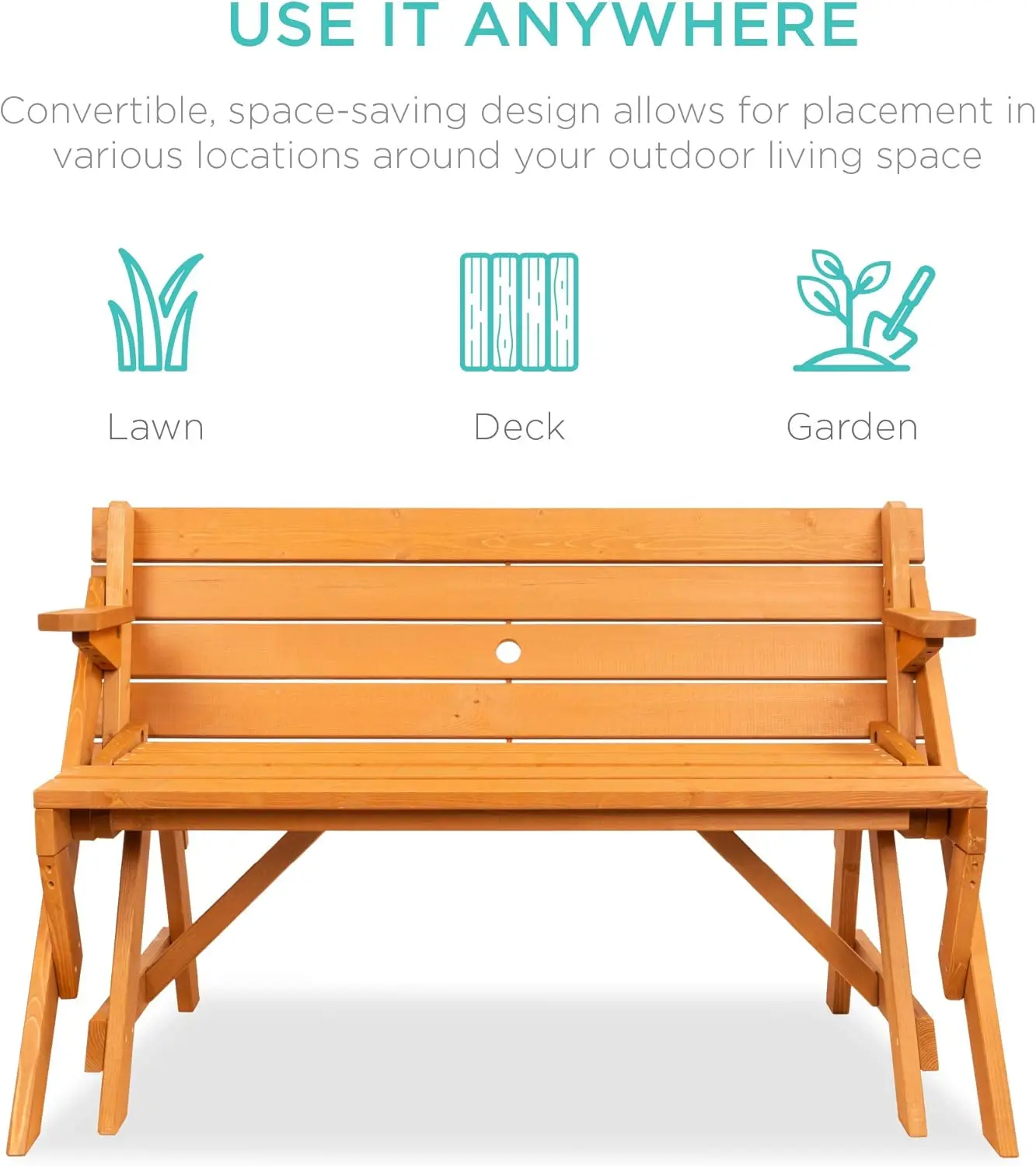 2-in-1 Convertible Wooden Picnic Table & Garden Bench 4