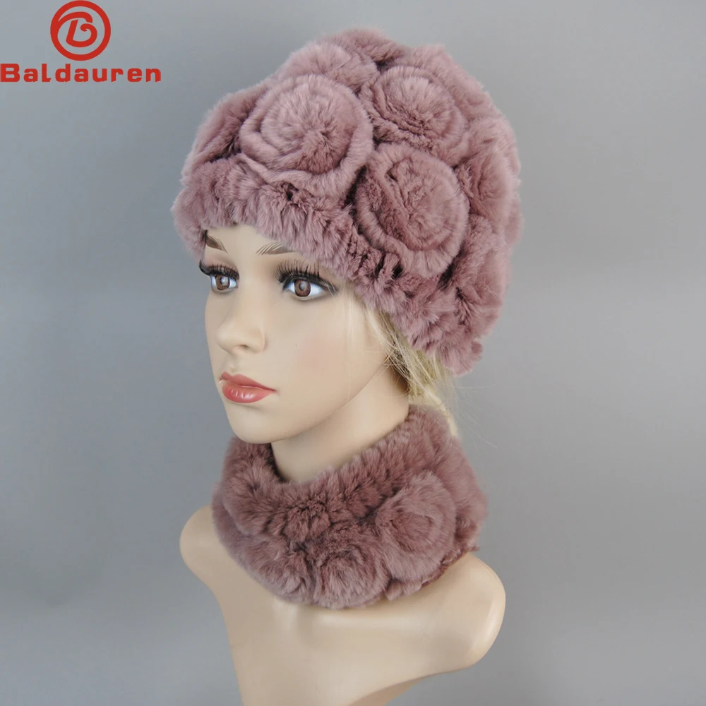 Chapeau en vraie fourrure de lapin Rex pour femme, ensemble d'écharpe, chaud, naturel, pour l'hiver